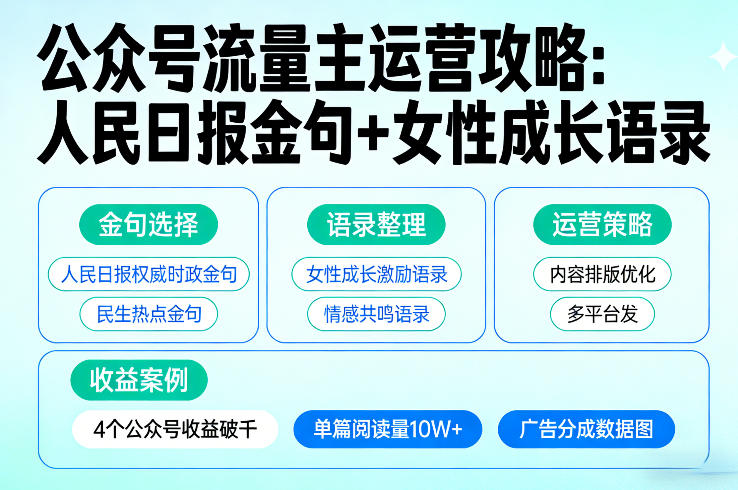 利用人民日报金句+女性成长语录做公众号流量主，4个公众号收益破千-资源站