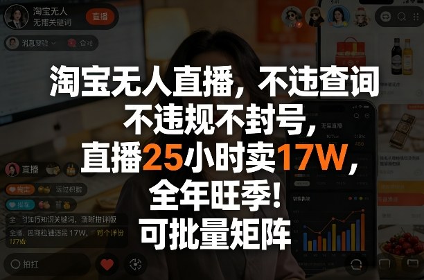 淘宝无人直播，不违规不封号，直播25小时卖17W，全年旺季！可批量矩阵【揭秘】-资源站