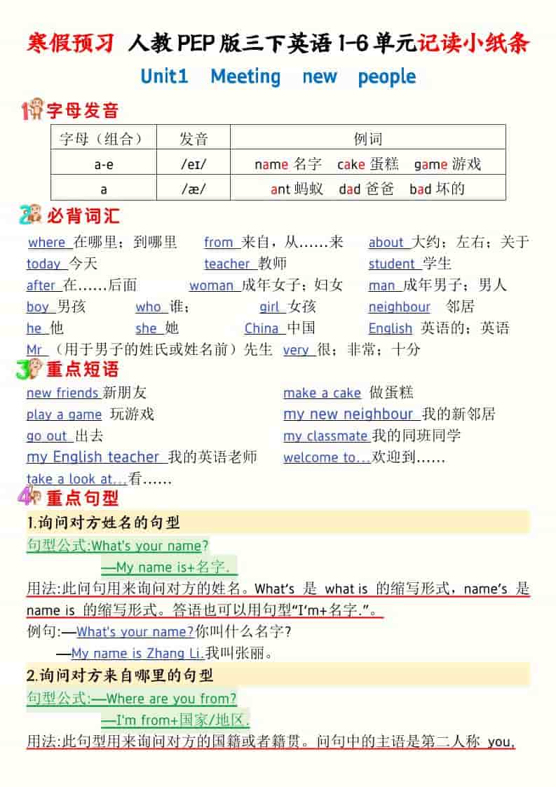 三年级下英语寒假预习1-6单元记读小纸条《人教版PEP》-资源站