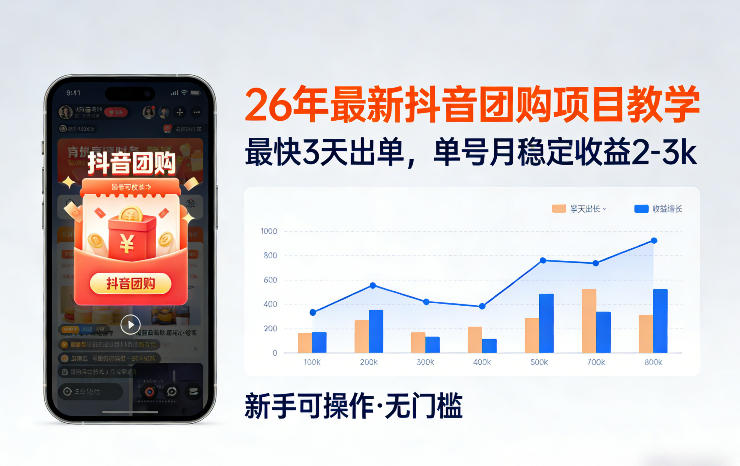 26年最新抖音团购项目教学，0门槛，最快3天出单，单号月稳定收益2-3k(更新3月11日)-资源站