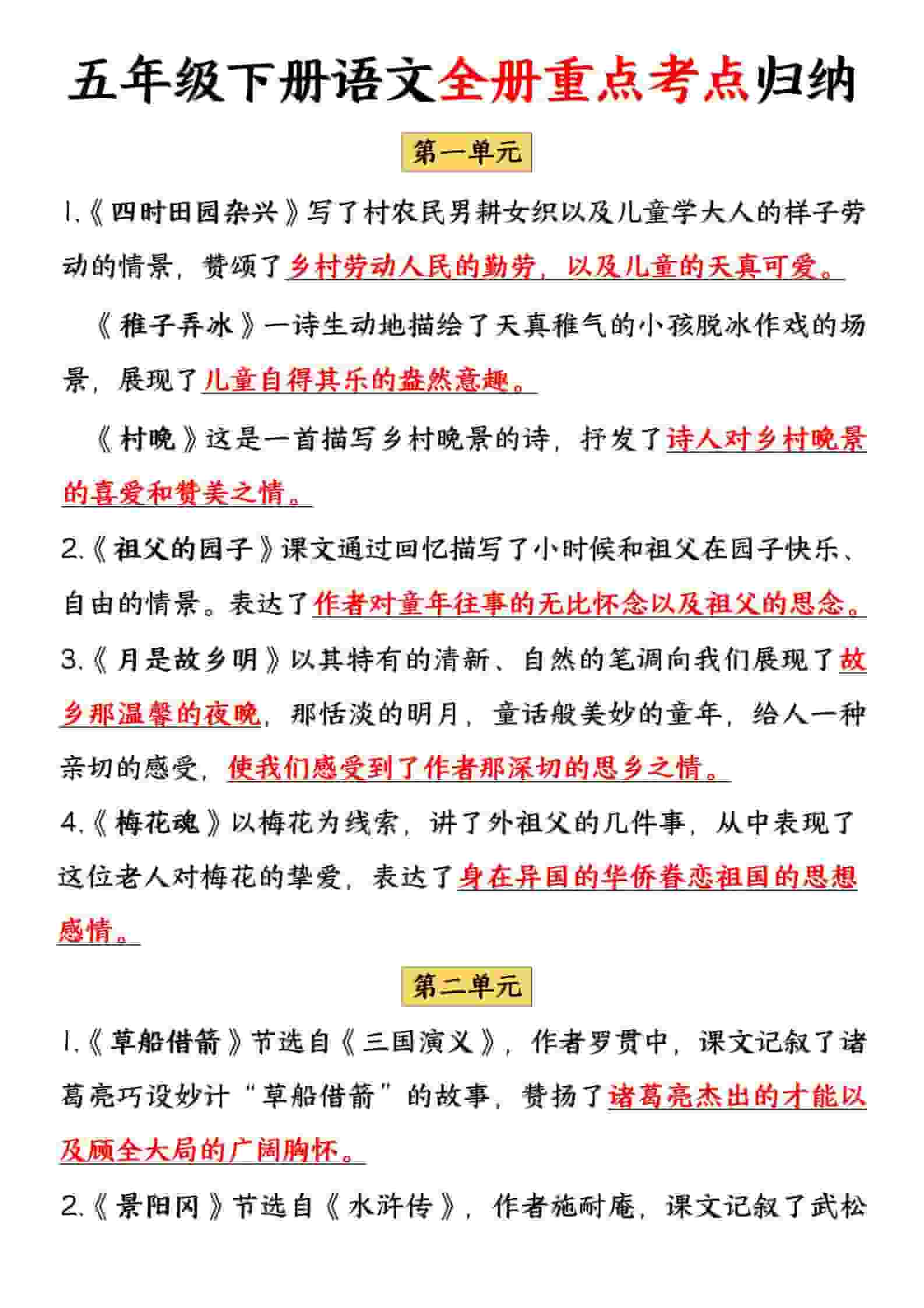 五年级下语文全册重点考点归纳-资源站