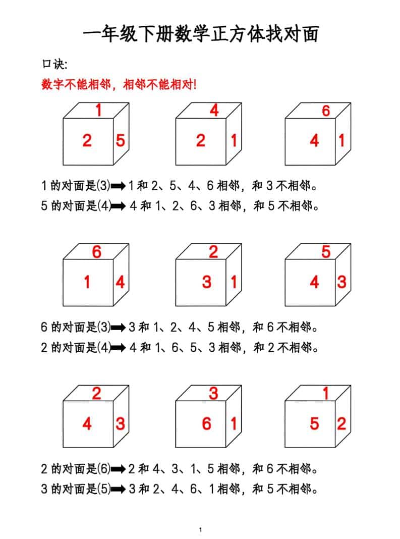 一年级下数学正方体找对面专项练2-资源站