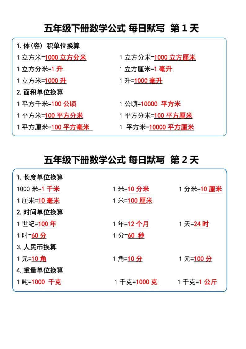 五年级下数学数学公式每日默写小纸条-资源站