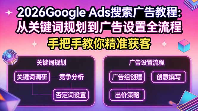 2026Google Ads搜索广告教程:从关键词规划到广告设置全流程,手把手教你精准获客-资源站