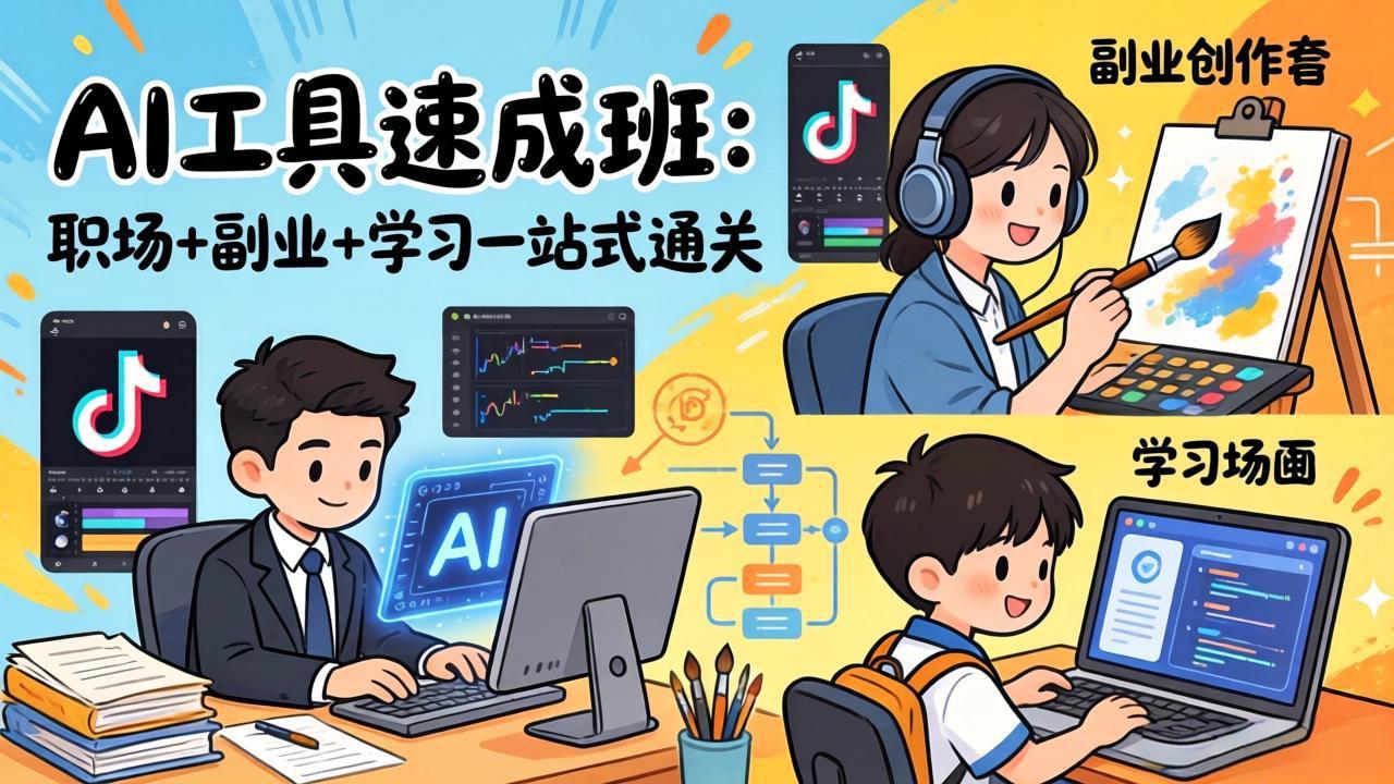AI工具速成班:职场+副业+学习一站式通关,20+爆款类型+剪映技巧+抖音算法,0基础快速上手-资源站