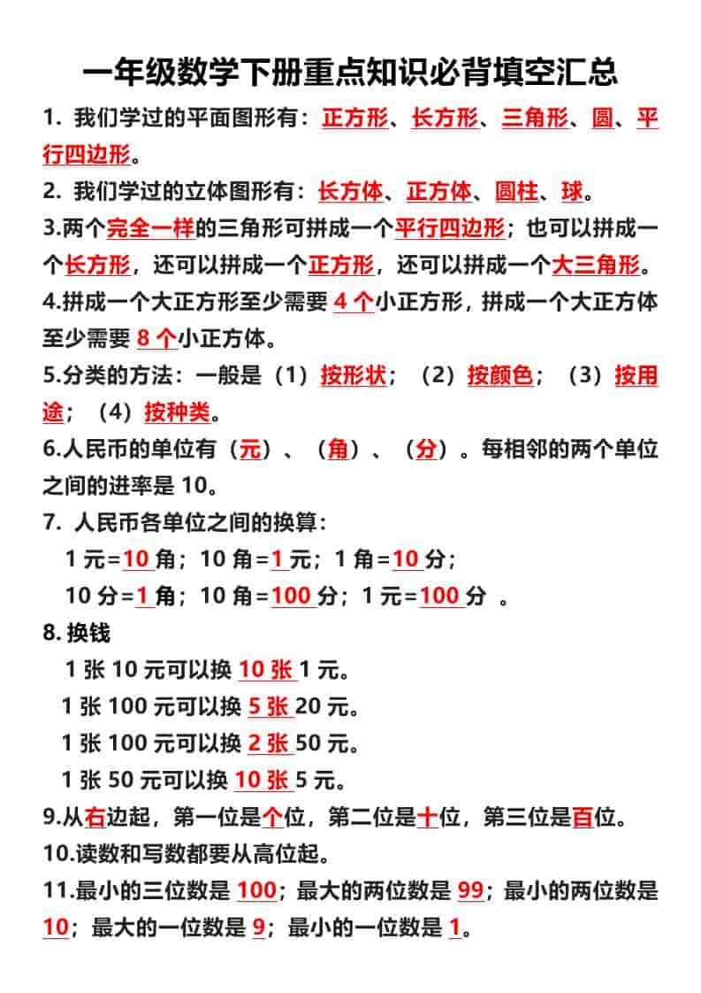 一年级下数学重点必背填空汇总-资源站