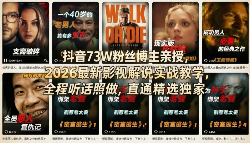 抖音73W粉丝博主亲授,2026最新影视解说实战教学,全程听话照做,直通精选独家-资源站