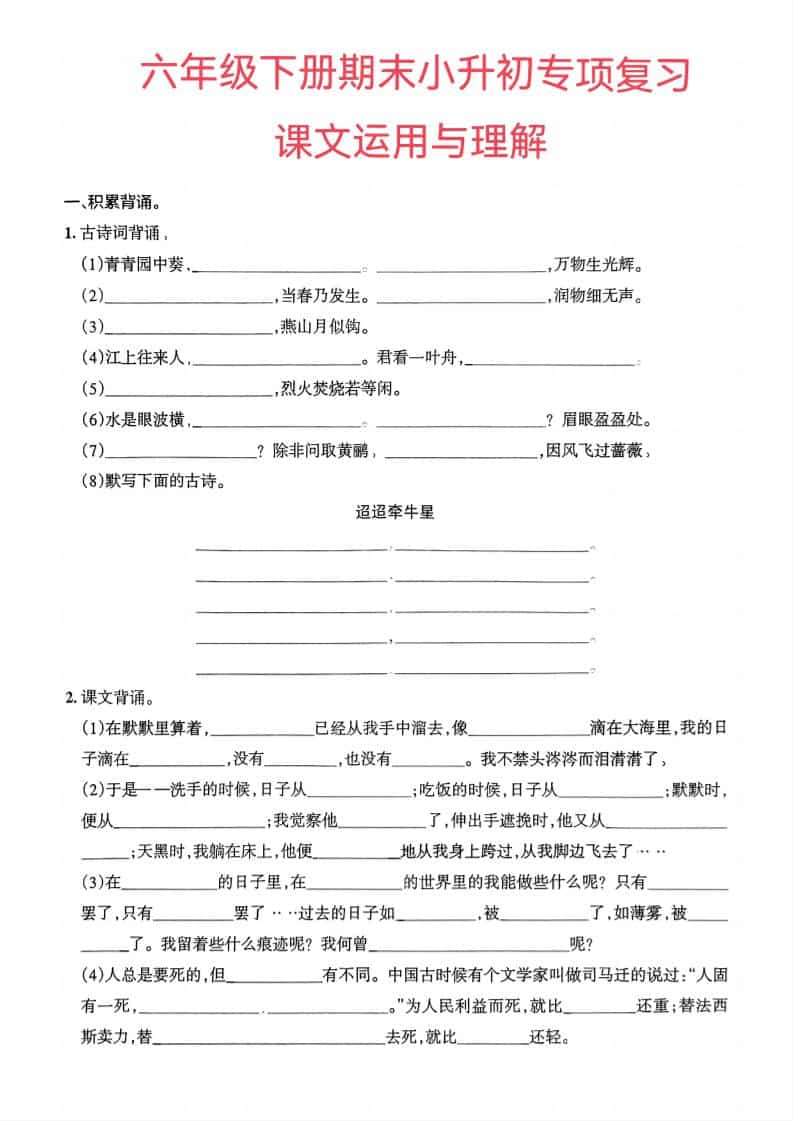 六年级下语文小升初课文运用与理解专项练习-资源站