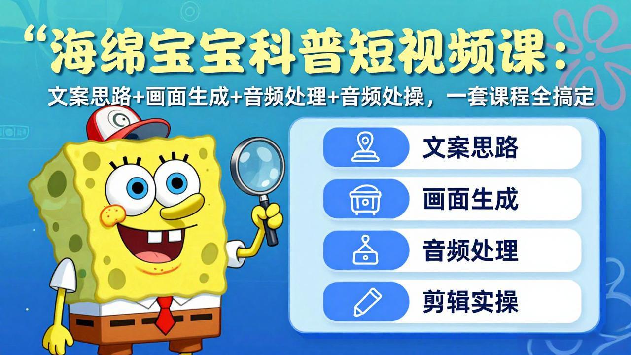 海绵宝宝科普短视频课:文案思路+画面生成+音频处理+剪辑实操,一套课程全搞定-资源站