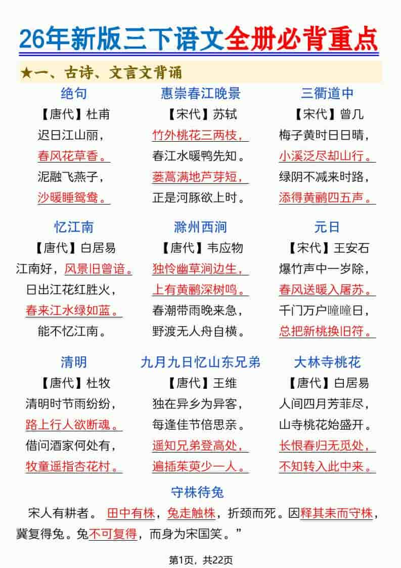 三年级下语文全册必背重点（十二重点知识点）-资源站