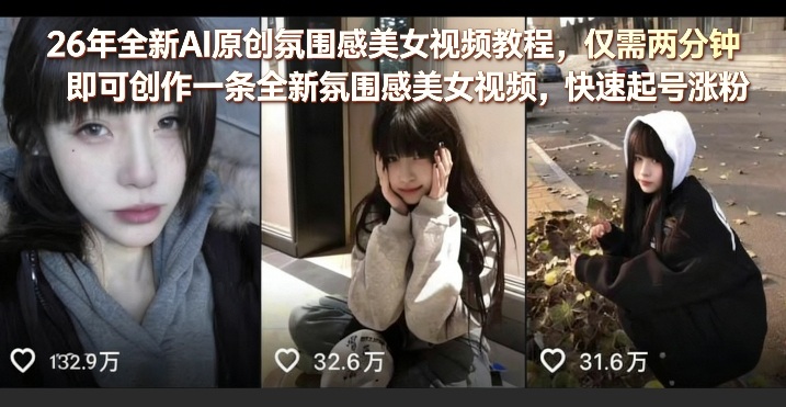 26年全新AI原创氛围感美女视频教程,仅需两分钟即可创作一条全新氛围感美女视频,快速起号涨粉-资源站