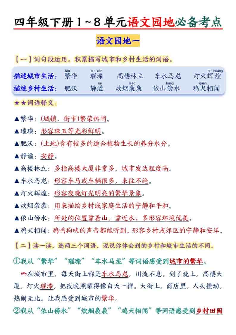 四年级下语文园地1-8单元必备考点-资源站