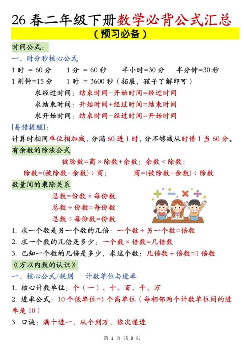 二年级下数学必背公式汇总《人教版》-资源站