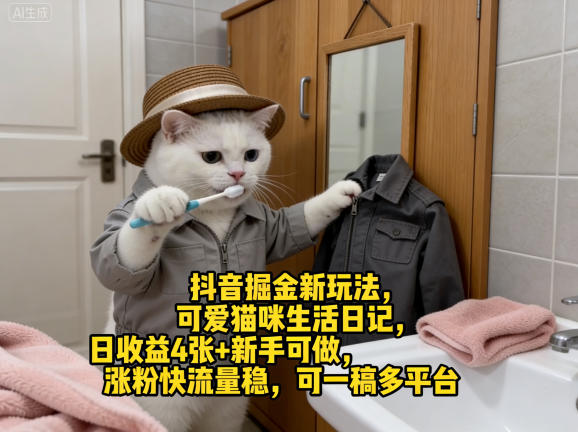 抖音掘金新玩法，可爱猫咪生活日记，日收益4张+新手可做，涨粉快流量稳，可一稿多平台-资源站
