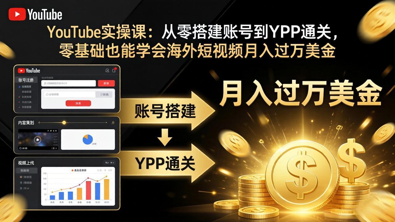 YouTube实操课：从零搭建账号到YPP通关，零基础也能学会海外短视频月入过万美金-资源站