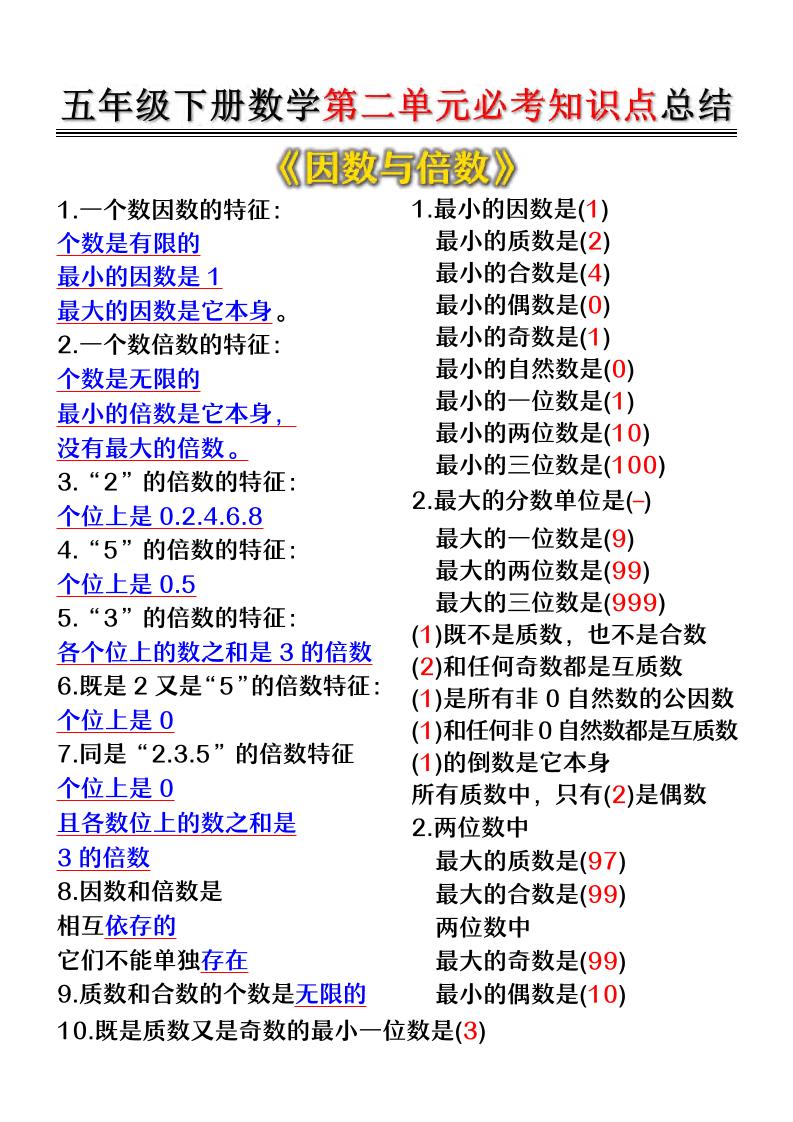 五年级下数学第二单元必考知识点总结-资源站