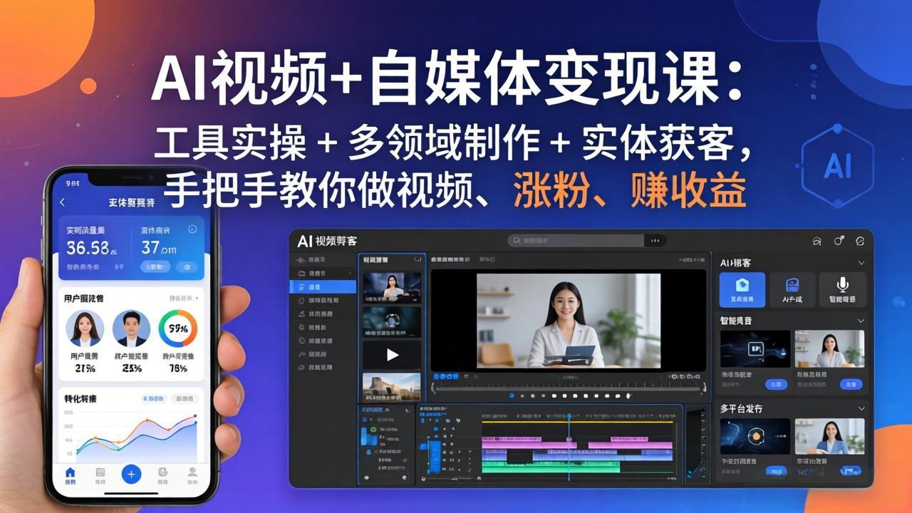 AI视频+自媒体变现课：工具实操 + 多领域制作 + 实体获客，手把手教你做视频、涨粉、赚收益-资源站