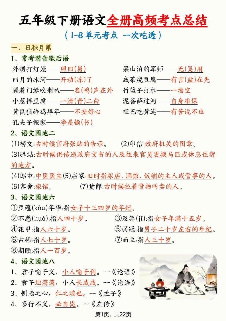 五年级下语文全册高频考点总结-资源站