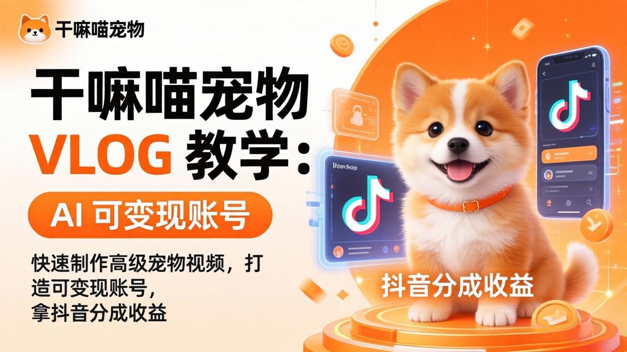 干嘛喵宠物 VLOG 教学：AI 快速制作高级宠物视频，打造可变现账号，拿抖音分成收益-资源站