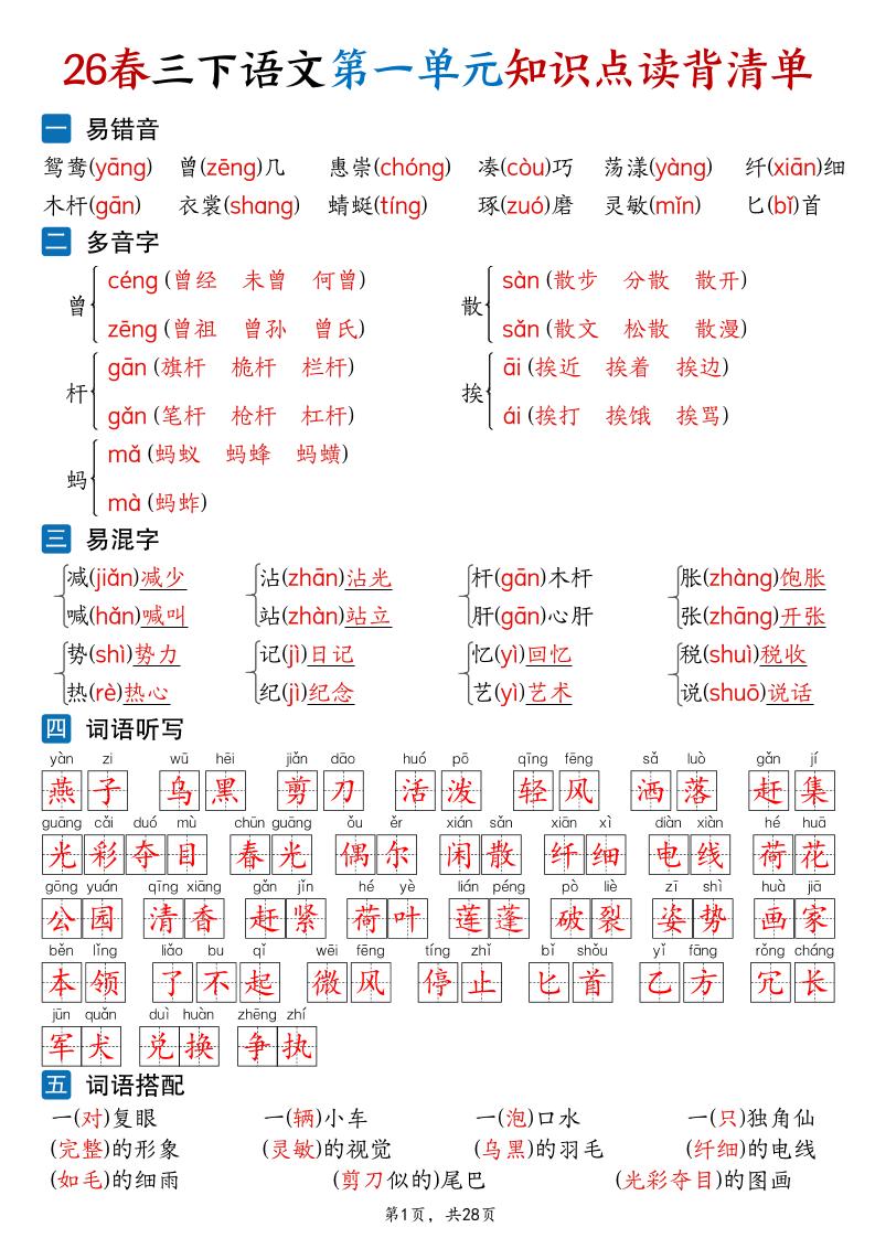 26新三年级下语文1-8单元知识点读背清单（28页）-资源站