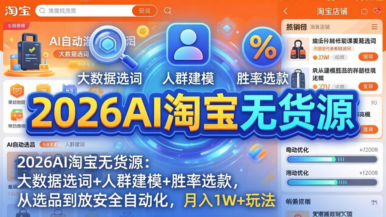 2026AI淘宝无货源-4月更新：大数据选词+人群建模+胜率选款，从选品到放大全自动化，月入1W+玩法-资源站