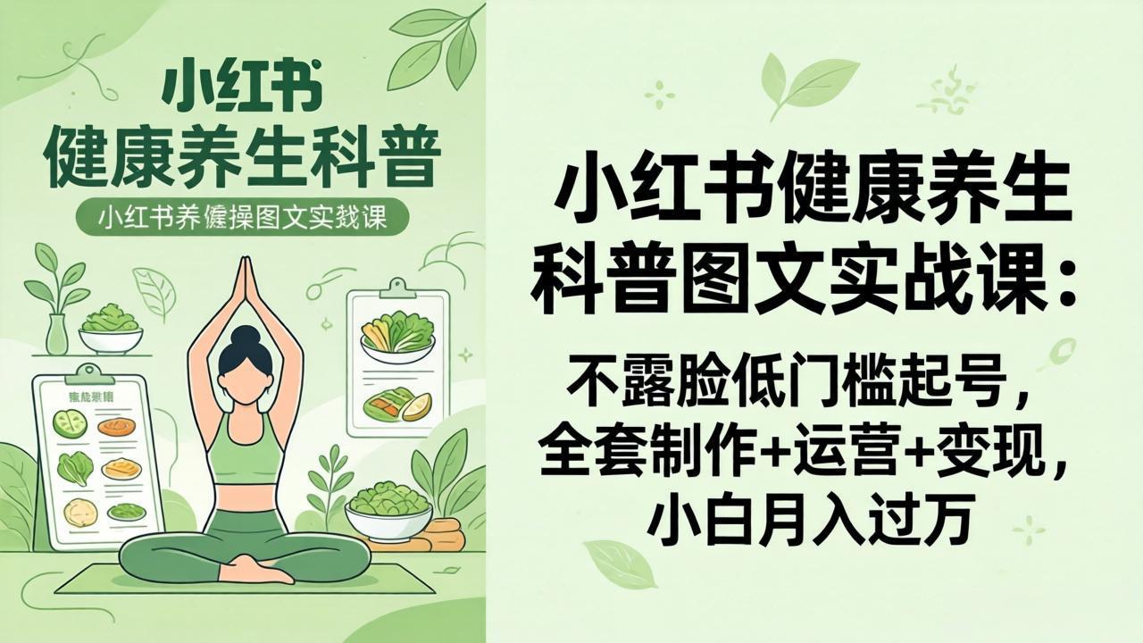 2026小红书健康养生科普图文实战课：不露脸低门槛起号，全套制作+运营+变现，小白月入过万-资源站