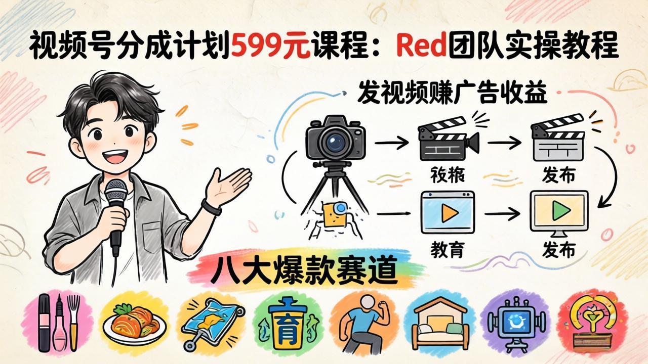 视频号分成计划599元课程：Red团队实操教程，发视频赚广告收益，八大爆款赛道全掌握-资源站