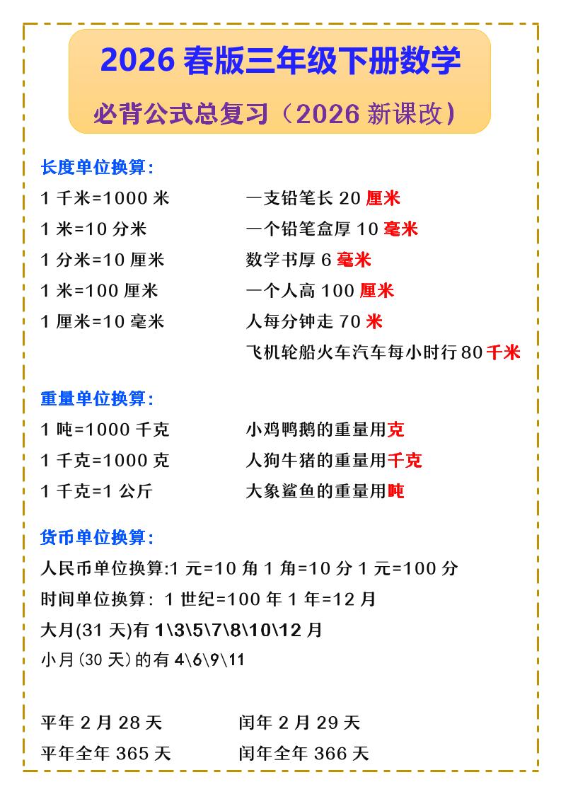 三年级下数学必背公式汇总《人教版》-资源站