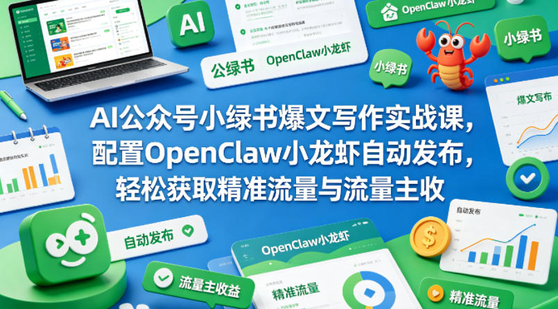AI公众号小绿书爆文写作实战课，配置OpenClaw小龙虾自动发布，轻松获取精准流量与流量主收益-资源站