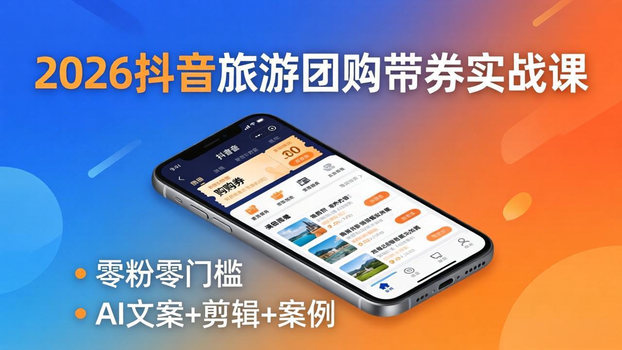2026抖音旅游团购带券实战课：零粉零门槛，AI文案+剪辑+案例，躺着赚门票佣金-资源站