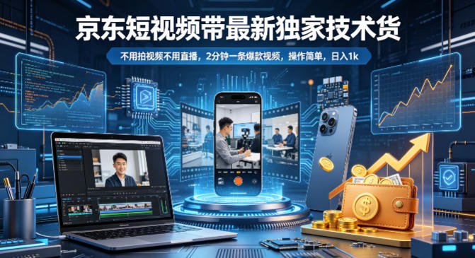 京东短视频带货最新独家技术，不用拍视频不用直播，2分钟一条爆款视频，操作简单，日入1k+【揭秘】-资源站