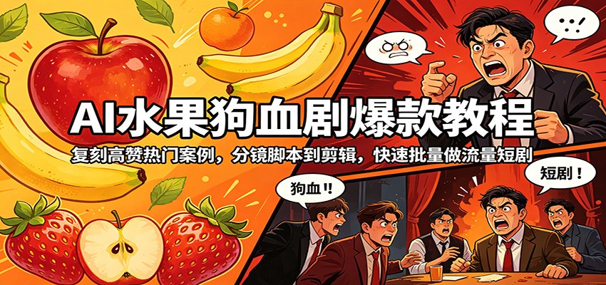 AI水果狗血剧爆款教程：复刻高赞热门案例，分镜脚本到剪辑，快速批量做流量短剧-资源站