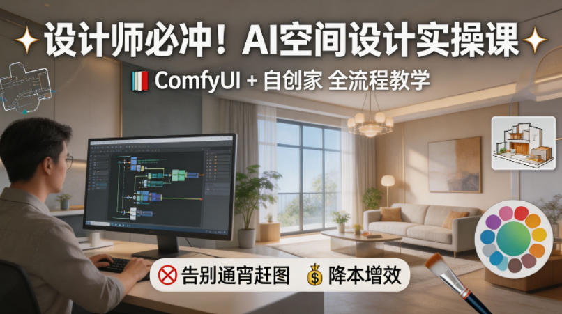 设计师必冲！AI空间设计实操课，ComfyUI+自创家全教学，告别通宵赶图，降本增效-资源站