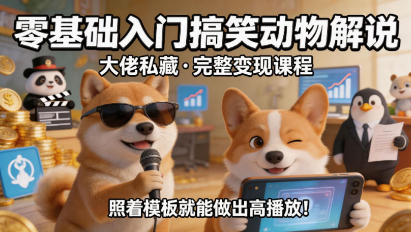 零基础入门搞笑动物解说，大佬私藏完整变现课程，照着模板就能做出高播放-资源站