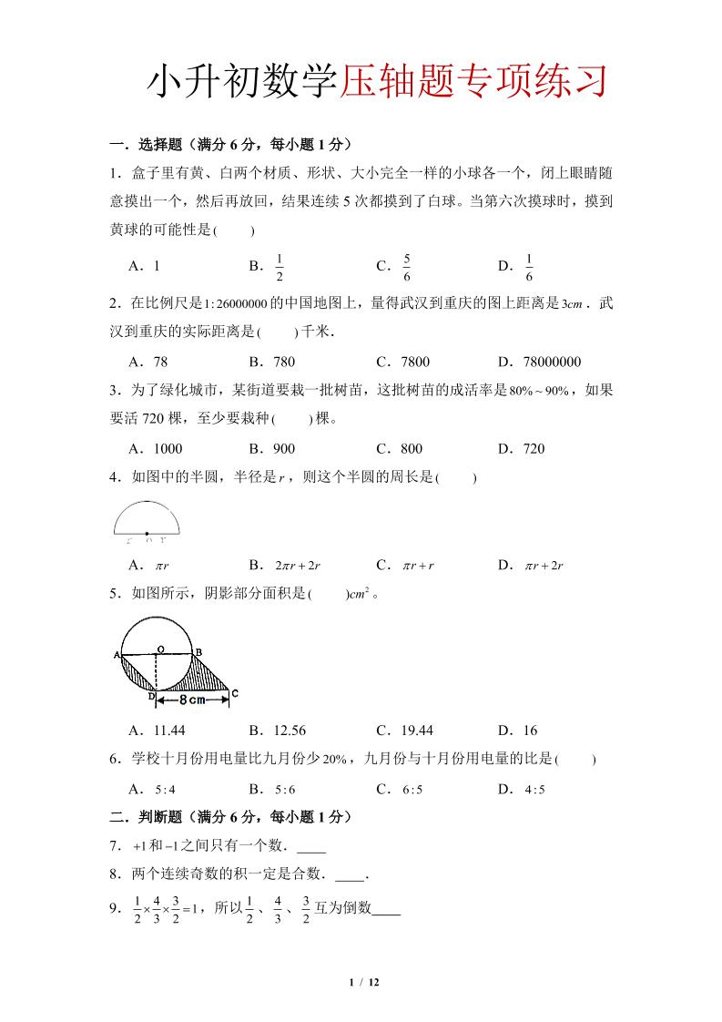 六年级下小升初数学压轴题专项练习-资源站