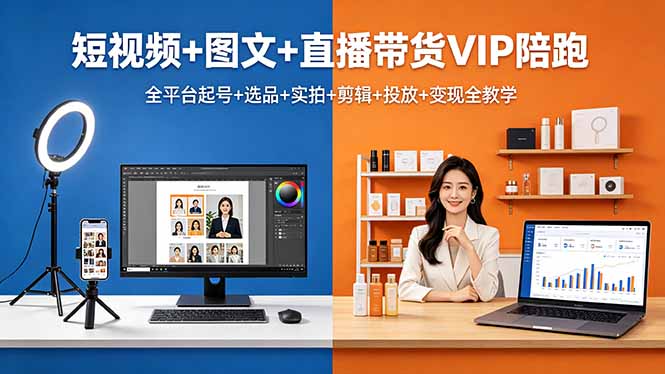 短视频+图文+直播带货VIP陪跑，全平台起号+选品+实拍+剪辑+投放+变现全教学-资源站