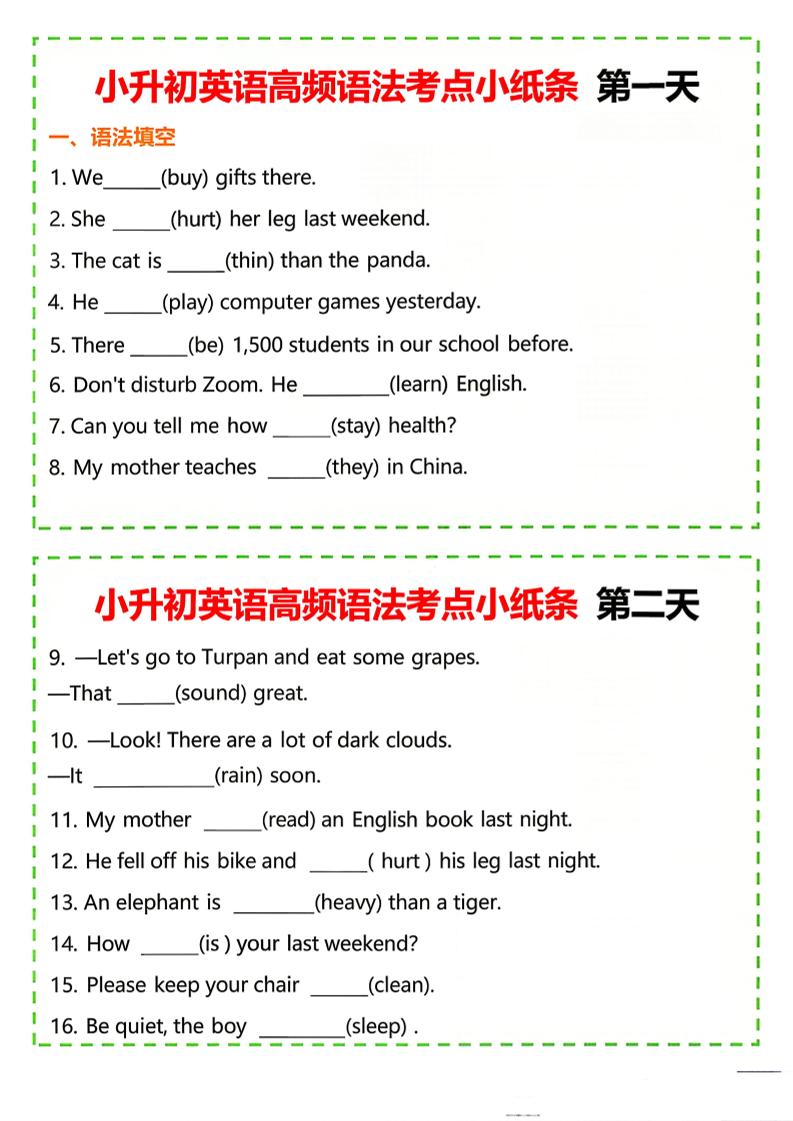 六年级下英语小升初高频语法考点小纸条《人教版PEP》-资源站