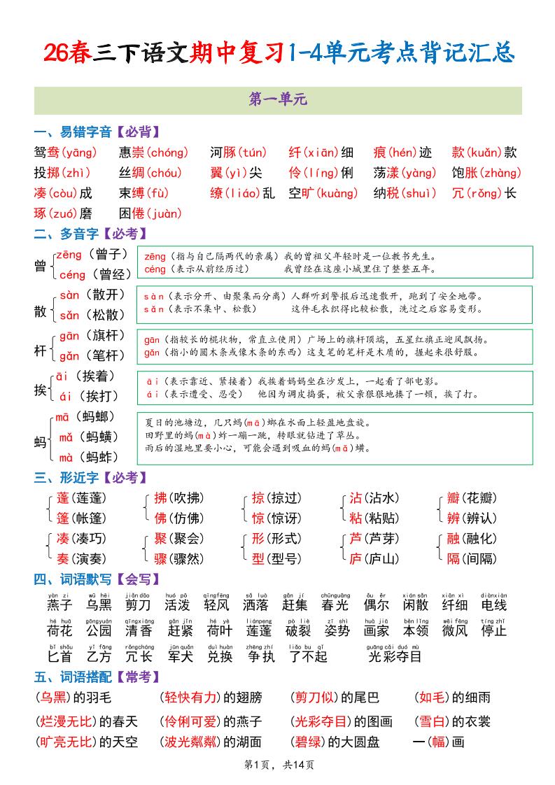 三年级下语文期中复习1-4单元考点背记汇总-资源站