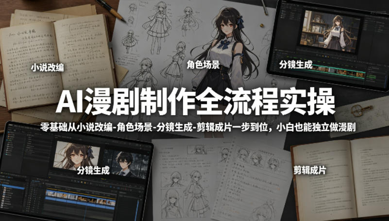 AI漫剧制作全流程实操，零基础从小说改编-角色场景-分镜生成-剪辑成片一步到位，小白也能独立做漫剧-资源站