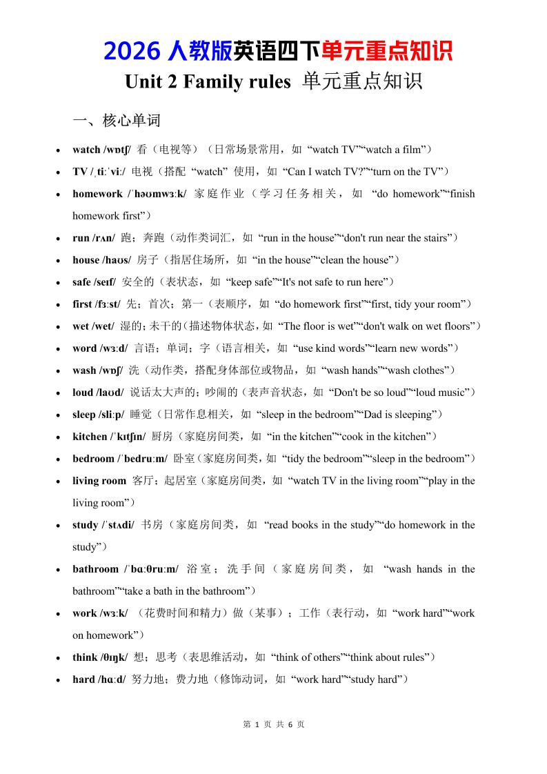 四年级下英语Unit2重点知识汇总《人教版PEP》-资源站