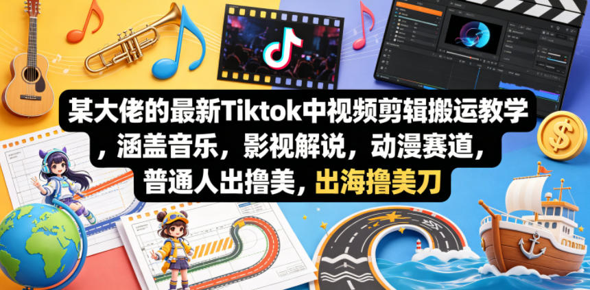 某大佬的最新Tiktok中视频剪辑搬运教学，涵盖音乐，影视解说，动漫赛道，普通人出海撸美刀-资源站