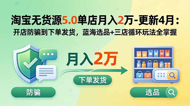 淘宝无货源5.0单店月入2万-更新5月：开店防骗到下单发货，蓝海选品+三店循环玩法全掌握-资源站