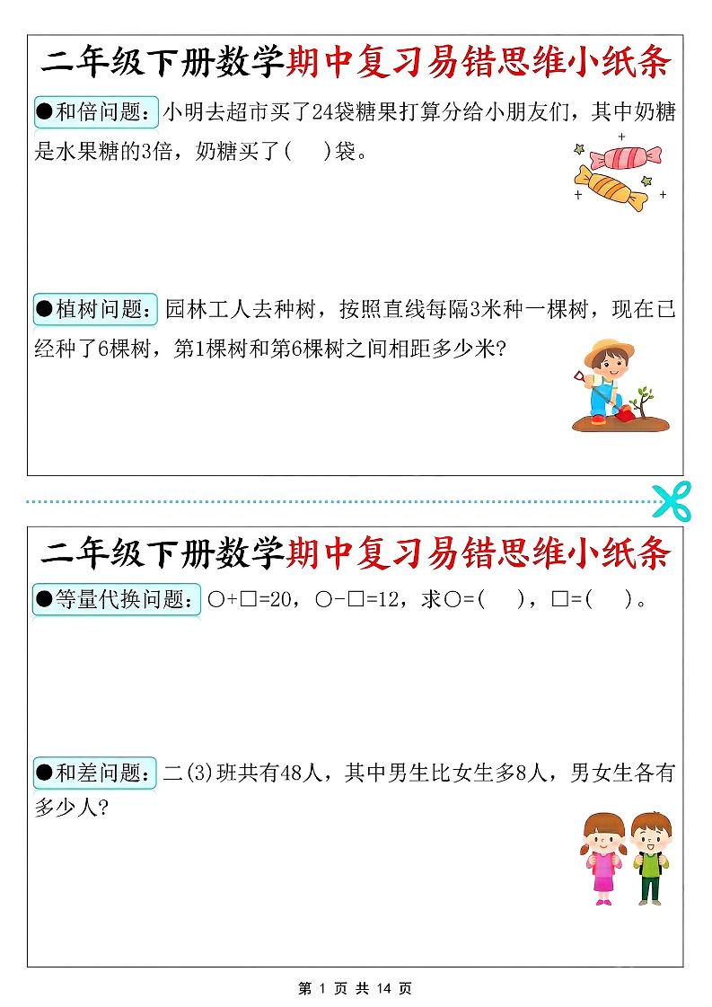 二年级下数学期中复习易错思维小纸条-资源站