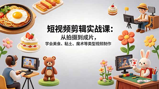 短视频剪辑实战课：从拍摄到成片，学会美食、粘土、魔术等类型视频制作-资源站