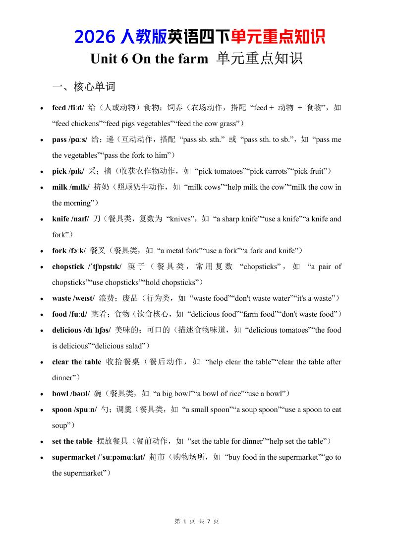 四年级下英语Unit6重点知识汇总《人教版PEP》-资源站