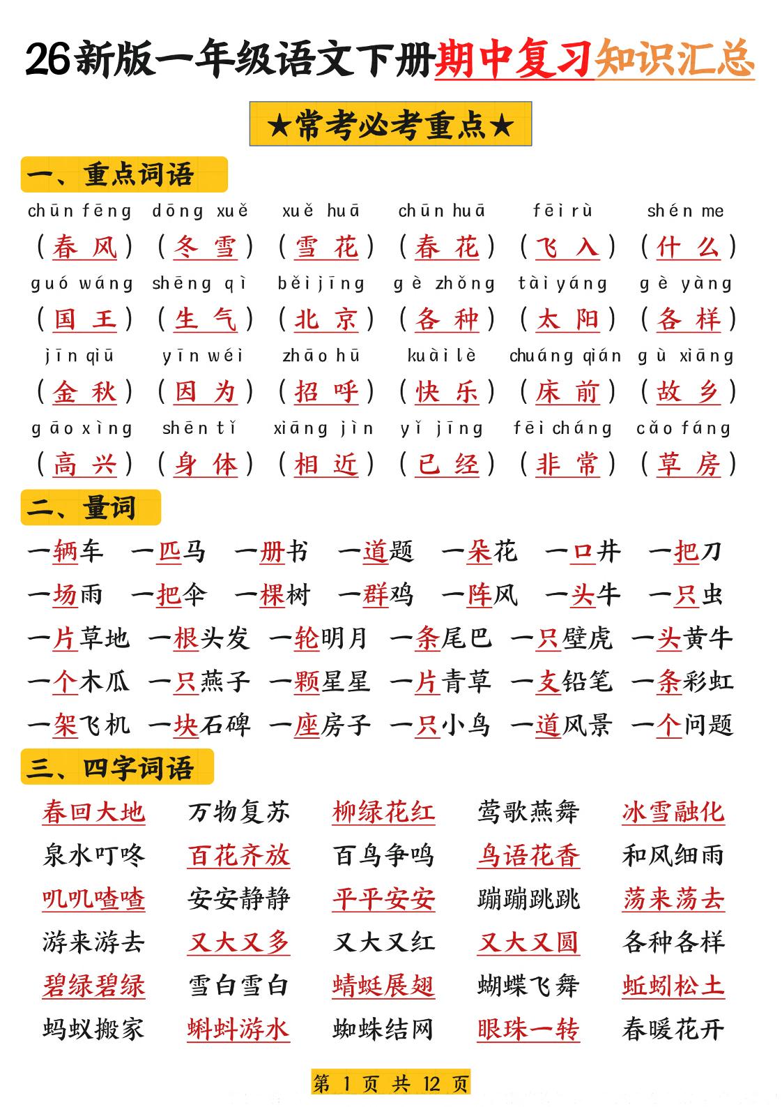 26新版一年级语文下册期中复习知识汇总-资源站