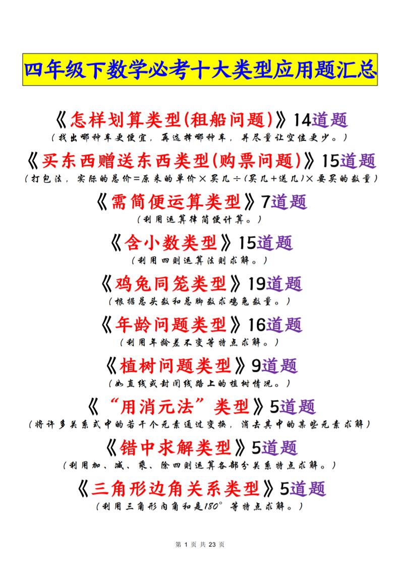 四年级下数学必考十大类型应用题汇总-资源站