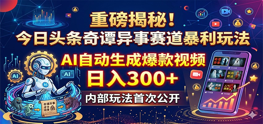 重磅揭秘！今日头条奇谭异事赛道暴利玩法：AI自动生成爆款视频，日入300+-资源站
