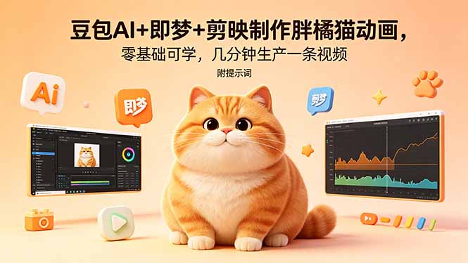 豆包AI+即梦+剪映制作胖橘猫动画，零基础可学，几分钟生产一条视频，附提示词-资源站