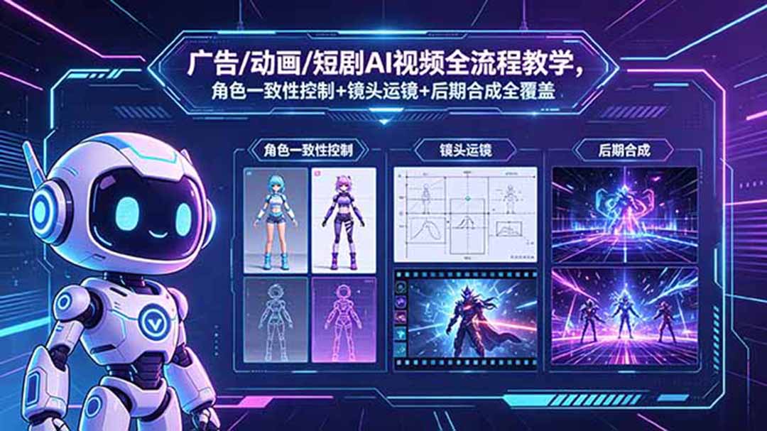 广告/动画/短剧AI视频全流程教学，角色一致性控制+镜头运镜+后期合成全覆盖-资源站